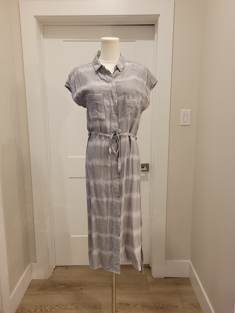 New Kavu White and Grey Striped Midi Shirt Dress, Size M